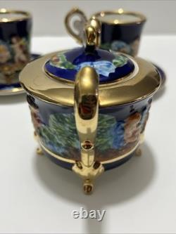 Vintage Capodimonte Italy Cobalt Blue Demitasse Espresso Coffee Set Cherubs