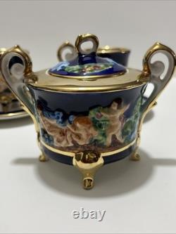 Vintage Capodimonte Italy Cobalt Blue Demitasse Espresso Coffee Set Cherubs