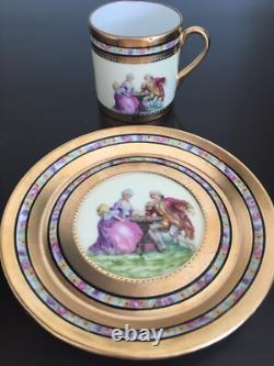 Vintage Demitasse Gilt Cup Saucer Set w Romantic Scenes & Pink Roses Germany