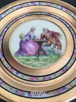 Vintage Demitasse Gilt Cup Saucer Set w Romantic Scenes & Pink Roses Germany