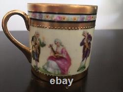Vintage Demitasse Gilt Cup Saucer Set w Romantic Scenes & Pink Roses Germany