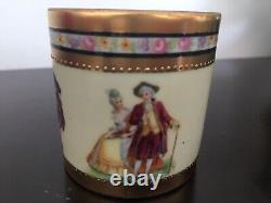 Vintage Demitasse Gilt Cup Saucer Set w Romantic Scenes & Pink Roses Germany