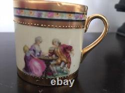 Vintage Demitasse Gilt Cup Saucer Set w Romantic Scenes & Pink Roses Germany