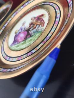 Vintage Demitasse Gilt Cup Saucer Set w Romantic Scenes & Pink Roses Germany