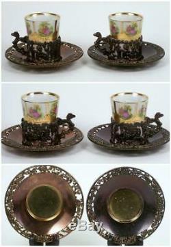 Vintage Demitasse Tea Cup Set of 6 Courting Scene Angel Filigree Metal Holder
