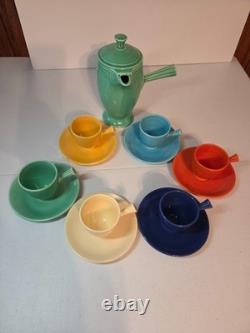 Vintage Fiesta Ware Green Demitasse Coffee Pot & 6 Demitasse Cups & Saucers