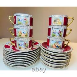 Vintage Fragonard Courting Couple 27pc Demitasse Set Burgundy Gold Czechoslavia
