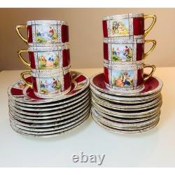 Vintage Fragonard Courting Couple 27pc Demitasse Set Burgundy Gold Czechoslavia