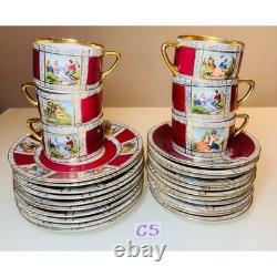 Vintage Fragonard Courting Couple 27pc Demitasse Set Burgundy Gold Czechoslavia