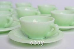Vintage French Green Opaline Uranium Glass Demitasse Cups & Saucers 1950s 12pc