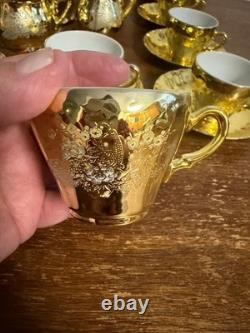 Vintage Gold Tea Set Peacock Motif 15 Pc Demitasse Coffee Set Cups Saucers