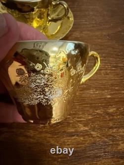 Vintage Gold Tea Set Peacock Motif 15 Pc Demitasse Coffee Set Cups Saucers