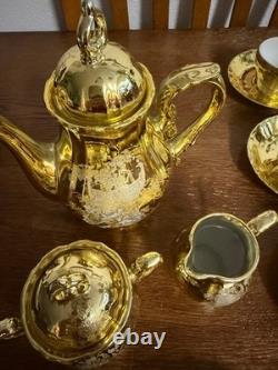 Vintage Gold Tea Set Peacock Motif 15 Pc Demitasse Coffee Set Cups Saucers