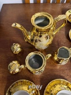 Vintage Gold Tea Set Peacock Motif 15 Pc Demitasse Coffee Set Cups Saucers
