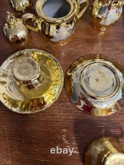 Vintage Gold Tea Set Peacock Motif 15 Pc Demitasse Coffee Set Cups Saucers