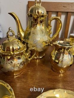 Vintage Gold Tea Set Peacock Motif 15 Pc Demitasse Coffee Set Cups Saucers