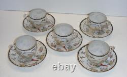 Vintage Hand Painted Japanese Porcelain Demitasse Teacup & Saucer Set of 5