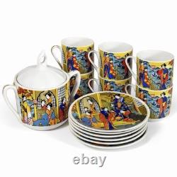 Vintage Japanese Demitasse Tea Set with Geisha Scene 6 Cups 6 Saucers + Sugar Bowl