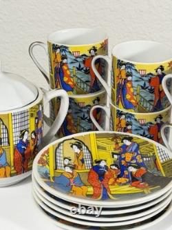 Vintage Japanese Demitasse Tea Set with Geisha Scene 6 Cups 6 Saucers + Sugar Bowl