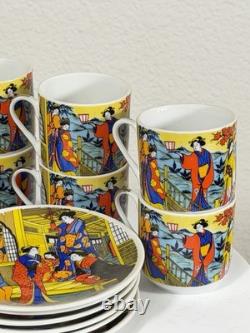 Vintage Japanese Demitasse Tea Set with Geisha Scene 6 Cups 6 Saucers + Sugar Bowl
