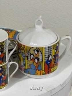 Vintage Japanese Demitasse Tea Set with Geisha Scene 6 Cups 6 Saucers + Sugar Bowl