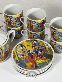 Vintage Japanese Demitasse Tea Set with Geisha Scene 6 Cups 6 Saucers + Sugar Bowl