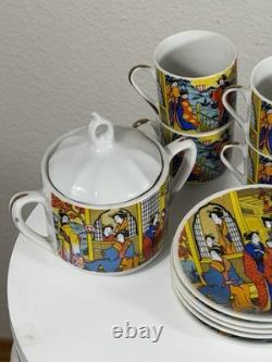 Vintage Japanese Demitasse Tea Set with Geisha Scene 6 Cups 6 Saucers + Sugar Bowl