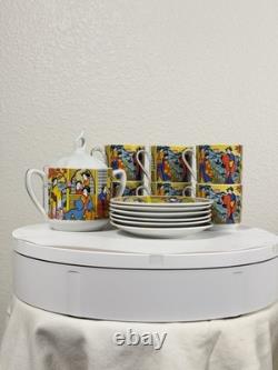Vintage Japanese Demitasse Tea Set with Geisha Scene 6 Cups 6 Saucers + Sugar Bowl
