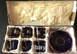 Vintage Limoges Gold Encrusted Cobalt Blue Demitasse Cup Saucer Set 6 withstands