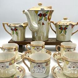 Vintage Lutsterware Handpainted Demitasse Coffee Set 14 Pieces Art Deco Japan