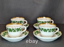 Vintage Meissen Demitasse Set of 4 Cups & Saucers Green Ivy Pattern, 24K Gold