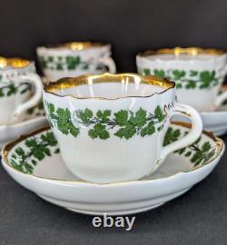Vintage Meissen Demitasse Set of 4 Cups & Saucers Green Ivy Pattern, 24K Gold
