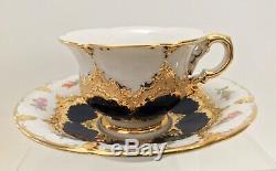 Vintage Meissen Porcelain Floral Demitasse Cup & Saucer White and Blue with Gold