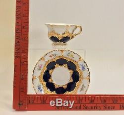 Vintage Meissen Porcelain Floral Demitasse Cup & Saucer White and Blue with Gold