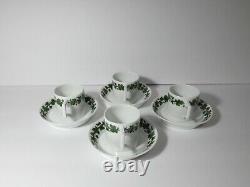 Vintage Meissen Set Of 4 White Demitasse Cups & Saucers Green Vine Square Handle