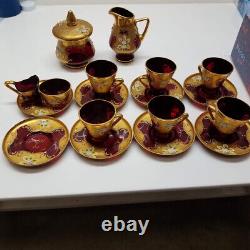Vintage Murano Venezia Cranberry Art Glass Demitasse Heavy Gold Gilt Tea Set