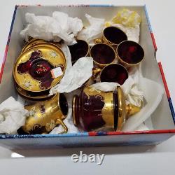 Vintage Murano Venezia Cranberry Art Glass Demitasse Heavy Gold Gilt Tea Set