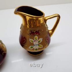 Vintage Murano Venezia Cranberry Art Glass Demitasse Heavy Gold Gilt Tea Set