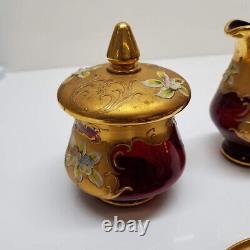 Vintage Murano Venezia Cranberry Art Glass Demitasse Heavy Gold Gilt Tea Set