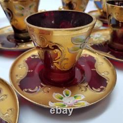 Vintage Murano Venezia Cranberry Art Glass Demitasse Heavy Gold Gilt Tea Set