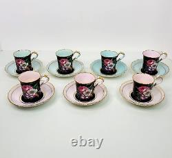 Vintage Paragon Demitasse Cup and Saucer Set of 14 Double Warrant Pink Teal Blue