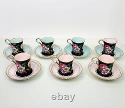 Vintage Paragon Demitasse Cup and Saucer Set of 14 Double Warrant Pink Teal Blue