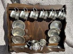 Vintage Peltro Pewter Italian 95 Espresso DEMITASSE Wooden Display Shelf