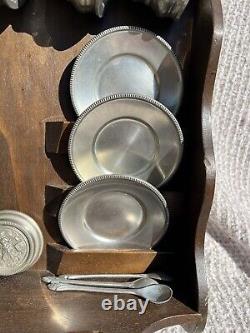 Vintage Peltro Pewter Italian 95 Espresso DEMITASSE Wooden Display Shelf