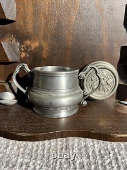 Vintage Peltro Pewter Italian 95 Espresso DEMITASSE Wooden Display Shelf