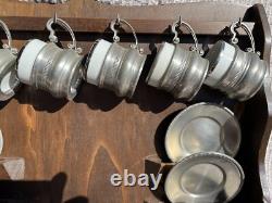 Vintage Peltro Pewter Italian 95 Espresso DEMITASSE Wooden Display Shelf
