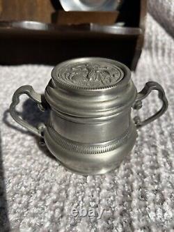 Vintage Peltro Pewter Italian 95 Espresso DEMITASSE Wooden Display Shelf