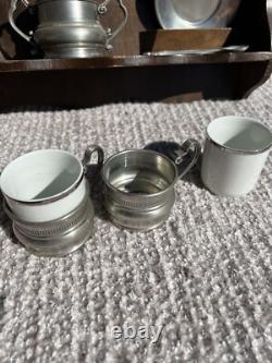 Vintage Peltro Pewter Italian 95 Espresso DEMITASSE Wooden Display Shelf