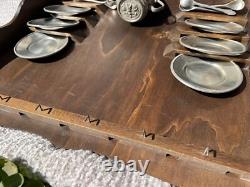 Vintage Peltro Pewter Italian 95 Espresso DEMITASSE Wooden Display Shelf