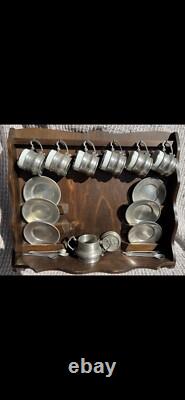 Vintage Peltro Pewter Italian 95 Espresso DEMITASSE Wooden Display Shelf